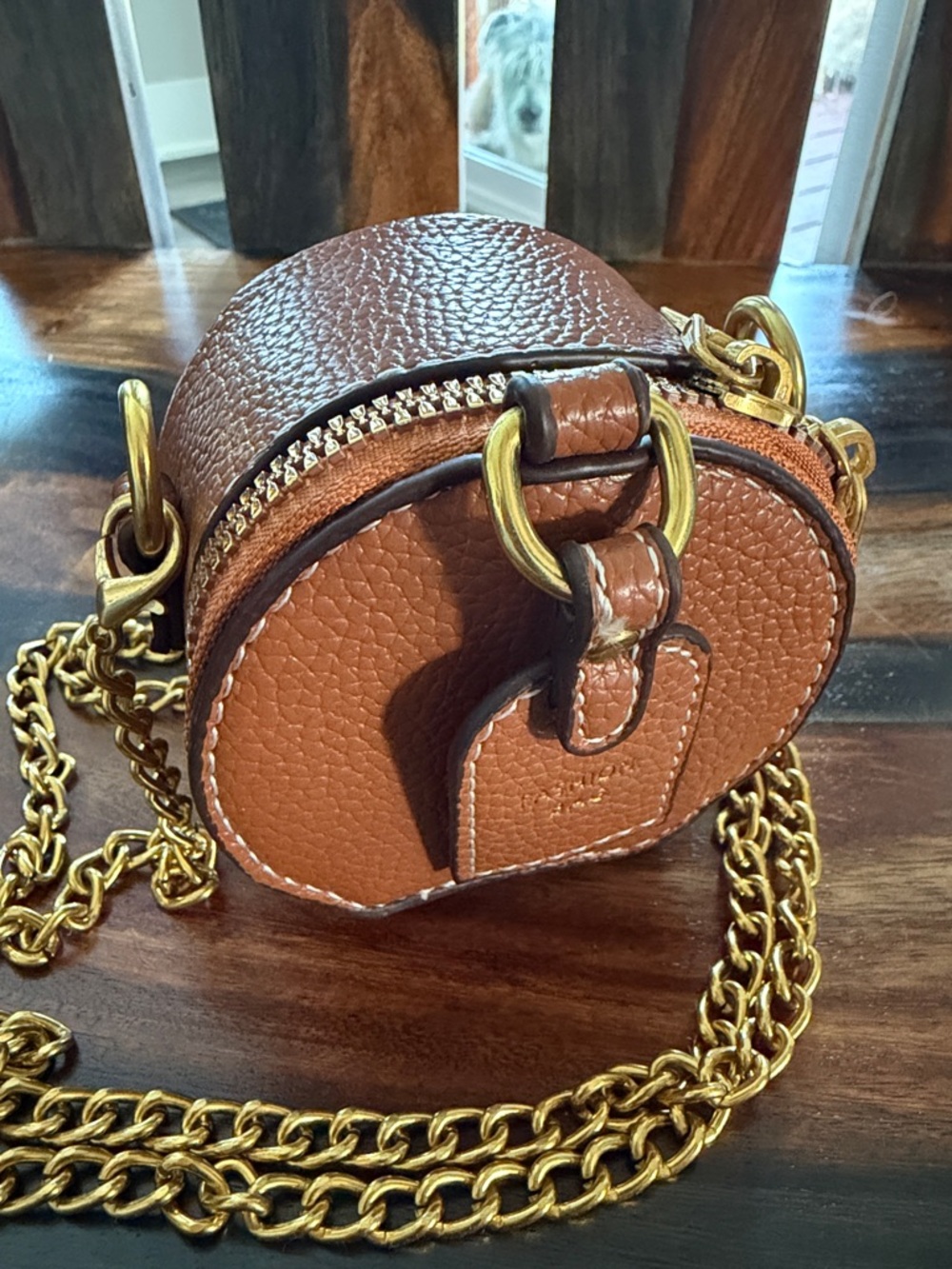 Mini Round Crossbody Bag in Tan with Gold Chain - Picture 3 of 4